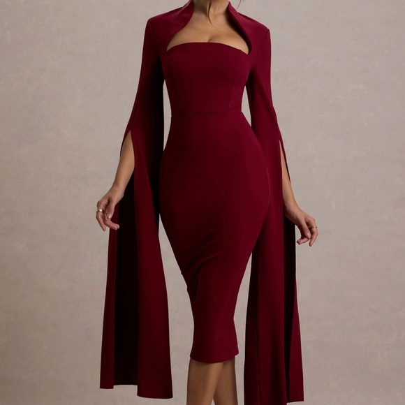 Berry Bodycon Cape-Sleeve Midi Dress - Picture 3 of 7